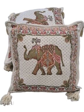 Embroidered Elephant Tapestry Pillow - Cream, Olive & Dusty Pink